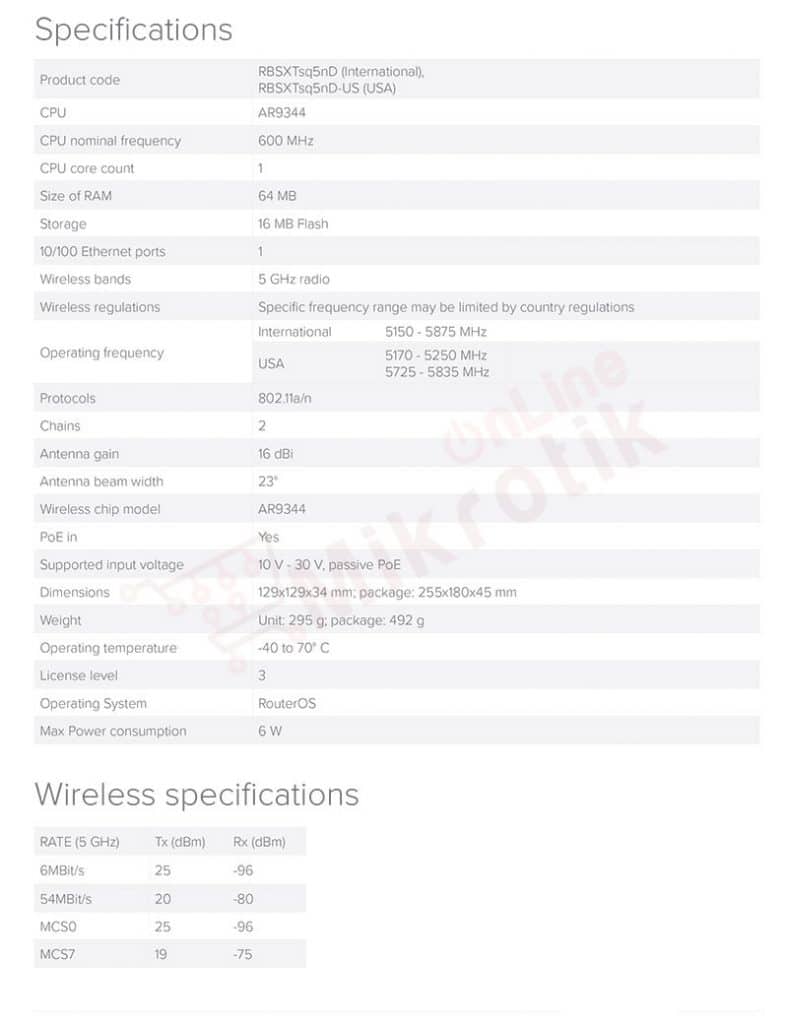 مشخصات رادیو وایرلس میکروتیک SXTsq Lite5